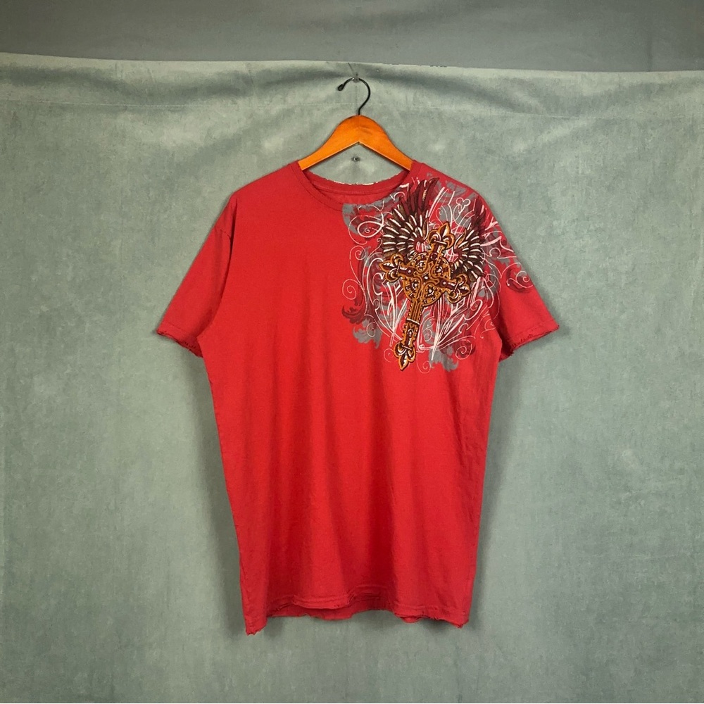 Vintage Y2K Affliction t shirt Mens Size XL Red Grunge Crosses Goth Skate MMA